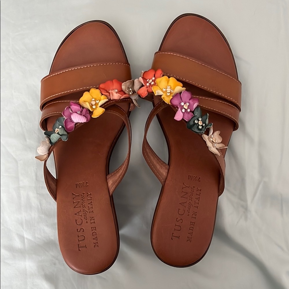 Easy Street Tan Sandals with Floral Accents